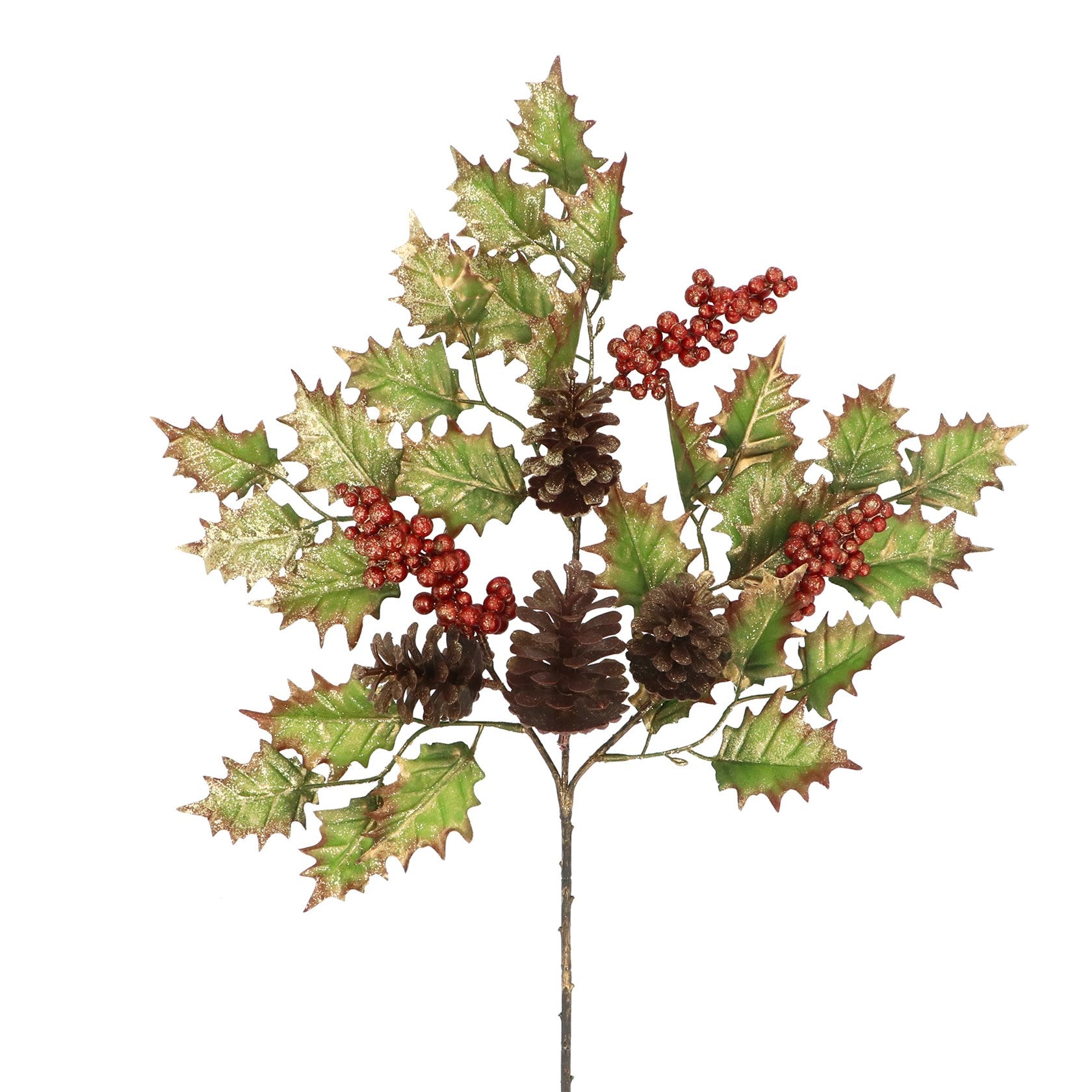 Red Berry & Pinecone Holly Spray with Gold Tips