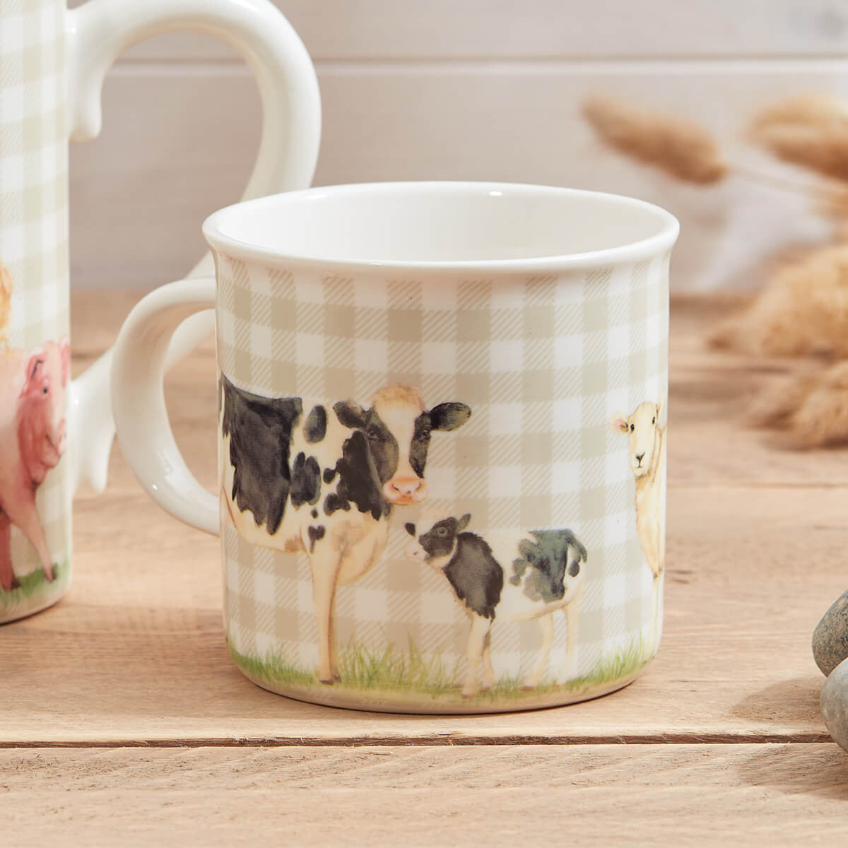 Farm Animal Mug Taupe Gingham Stoneware with Cows, Sheep and Pig