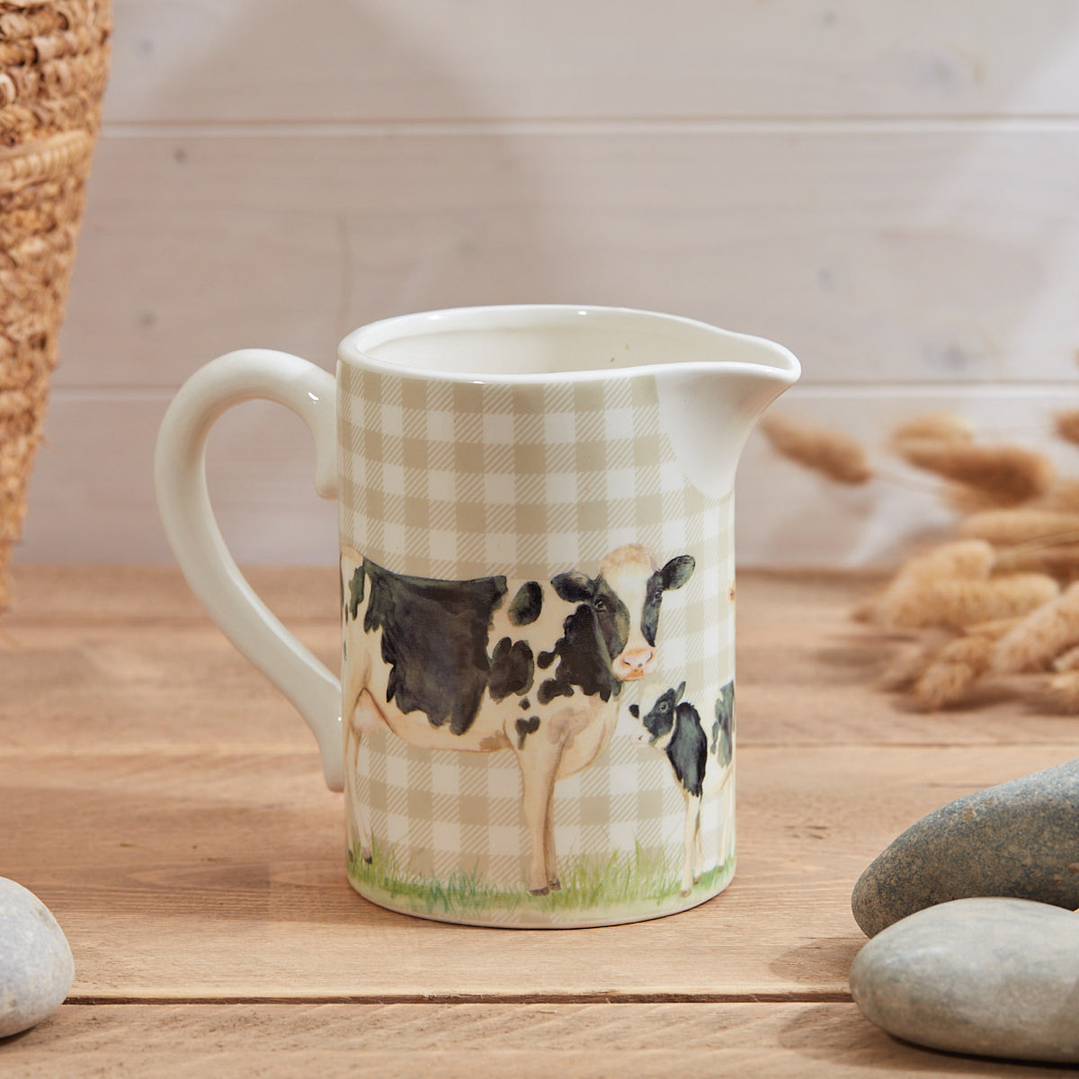 Farm Animal Jug Taupe Gingham Ceramic with Sheep, Pig and Cow