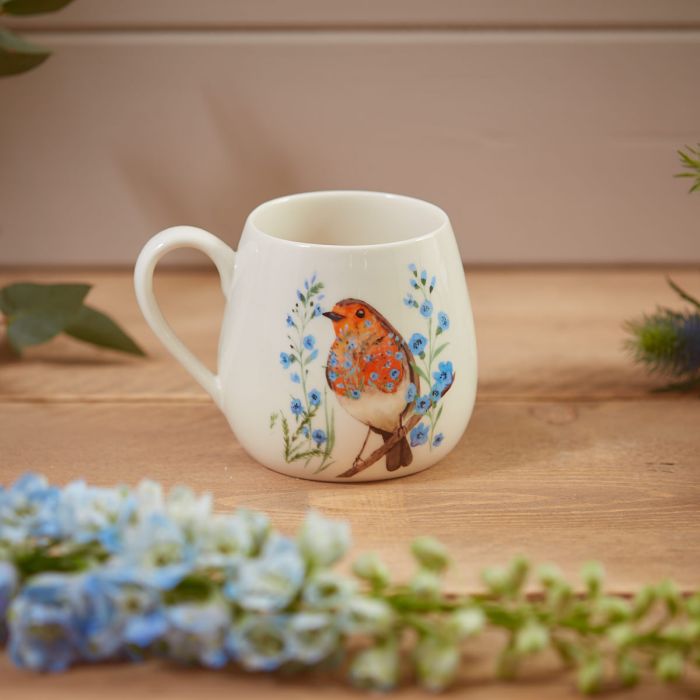 Robin Forget Me Not Mug White Stoneware With Floral Breast