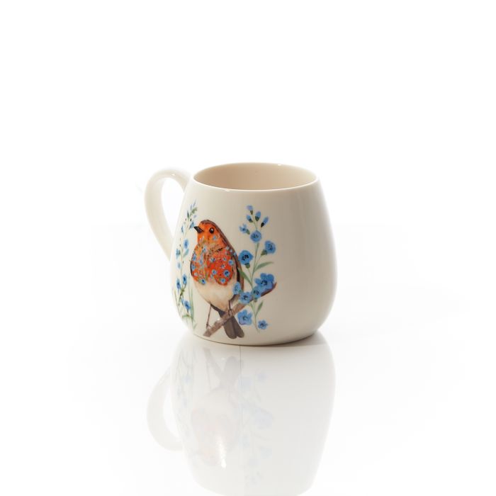 Robin Forget Me Not Mug White Stoneware With Floral Breast