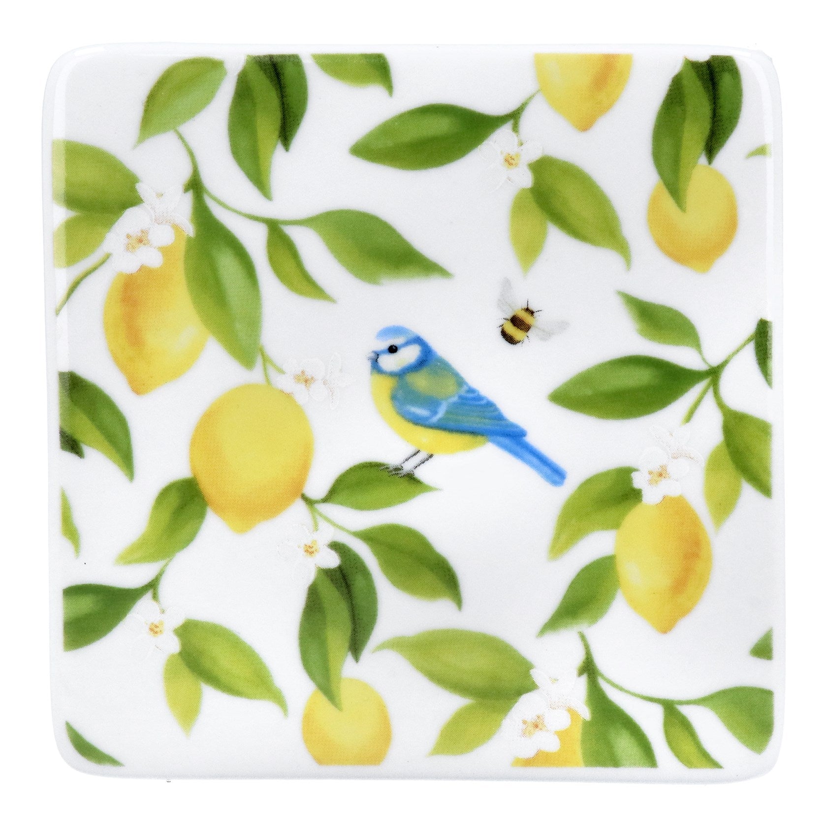 Lemon and Blue Tits Porcelain Coaster