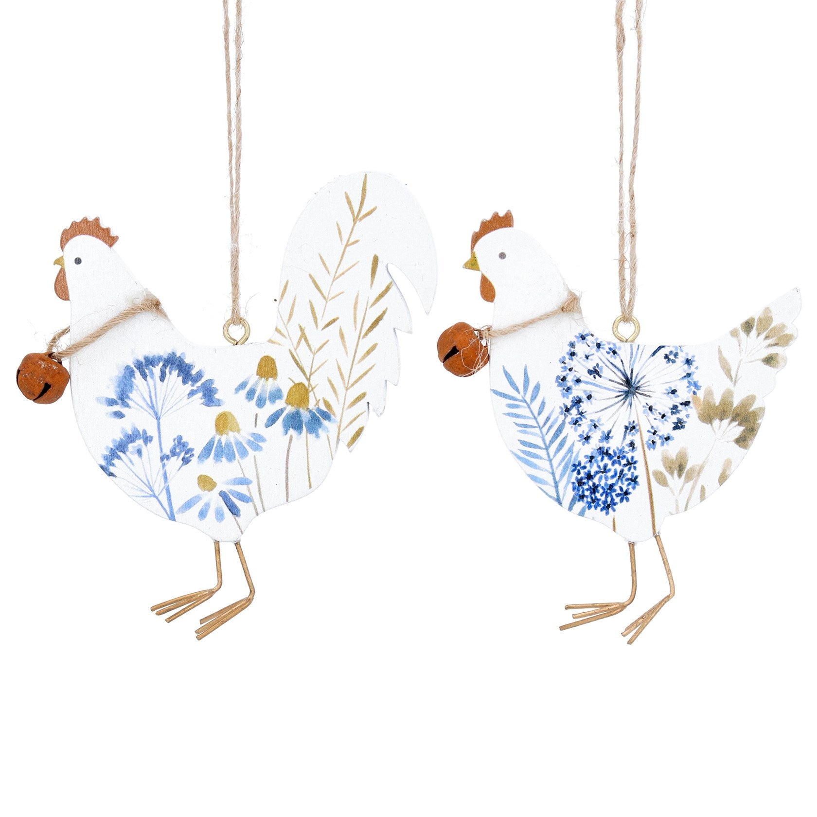 Blue Meadow Flat Wood Hen or Rooster Decorations