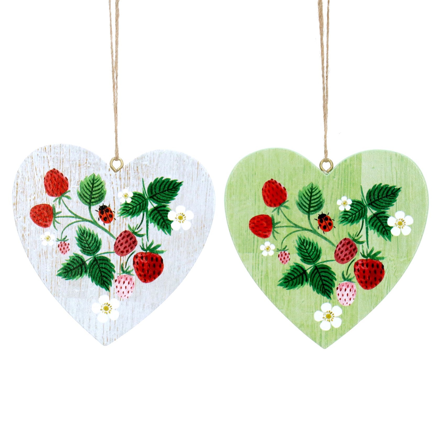 Strawberries Wood Heart White or Green Hanging Decoration