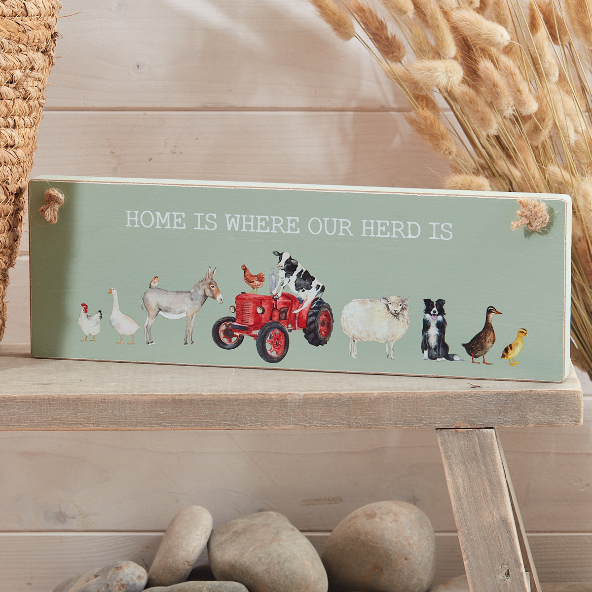 Farm Animal Herd Plaque Green Wood with Tractor