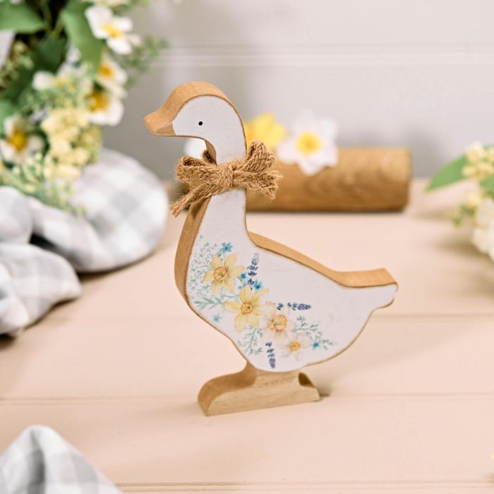 Standing Floral Wood Goose With Natural Bow