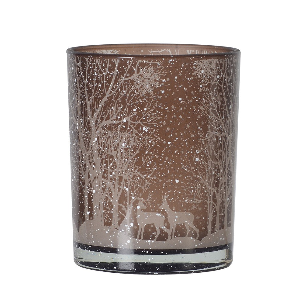 Snowy Deer Glass Tea Light Holder