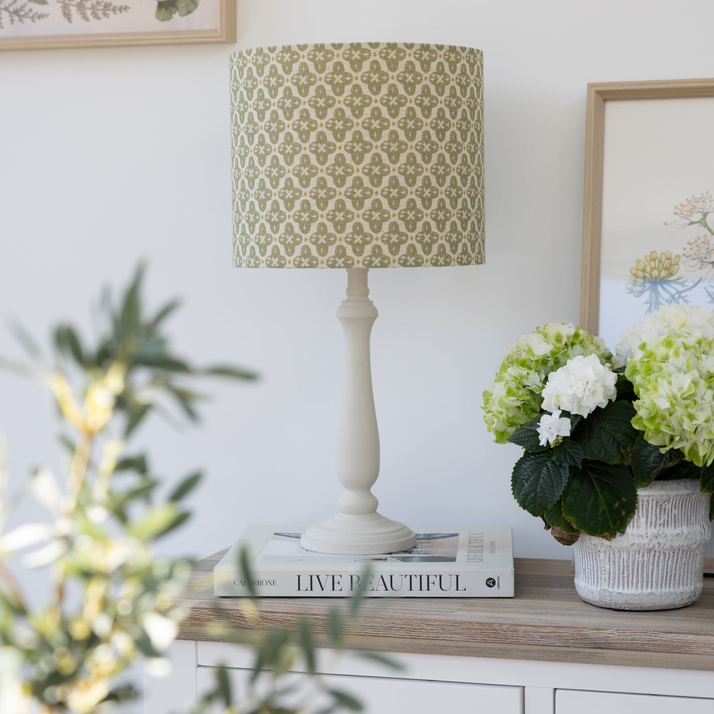 Green Block Print Drum Lampshade