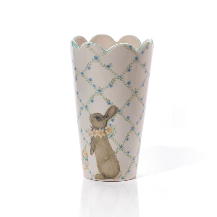 Bunny and Chick With Floral Pattern Crackled Ceramic Vase