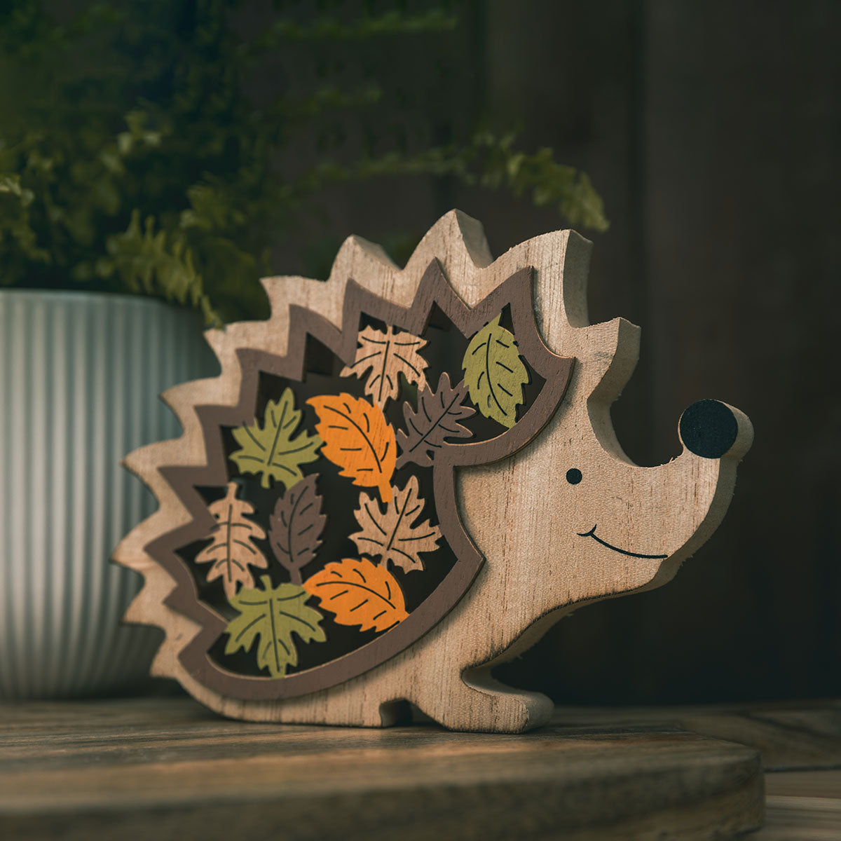 Wooden Hedgehog With Leaves