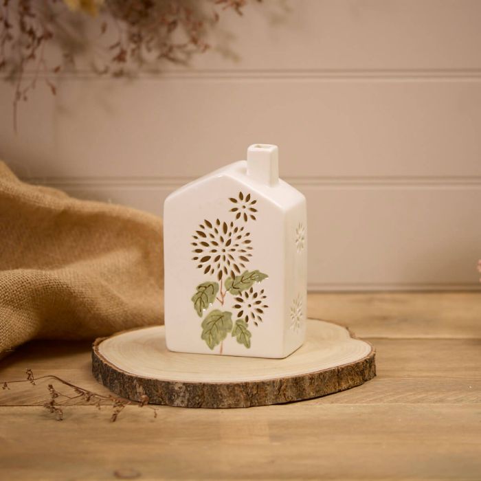 Ceramic LED Chimney House With Cut Out Flowers