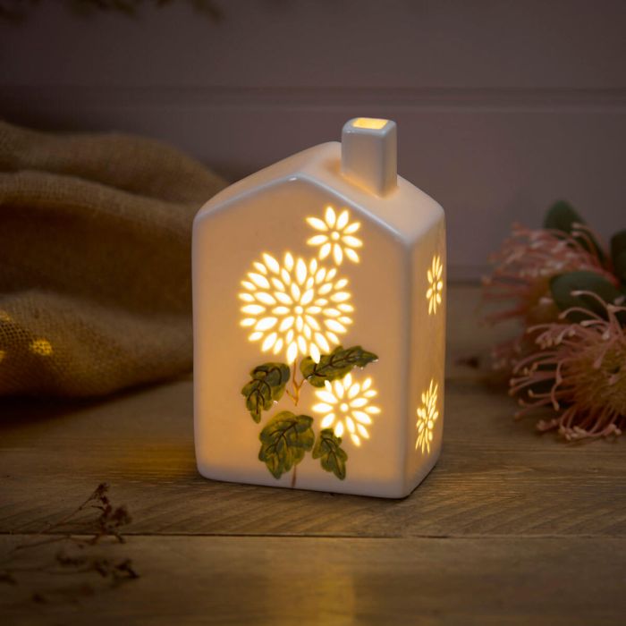 Ceramic LED Chimney House With Cut Out Flowers