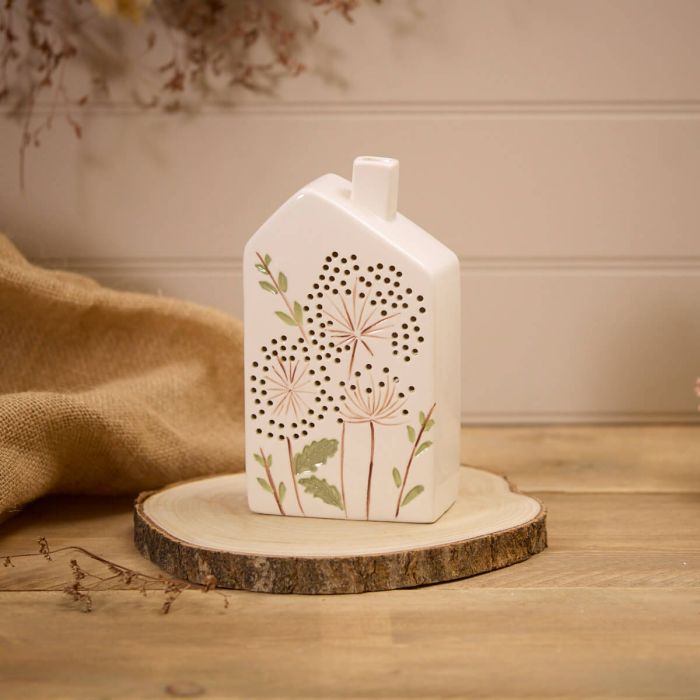 Ceramic LED Irregular Chimney House With Cut Out Flowers