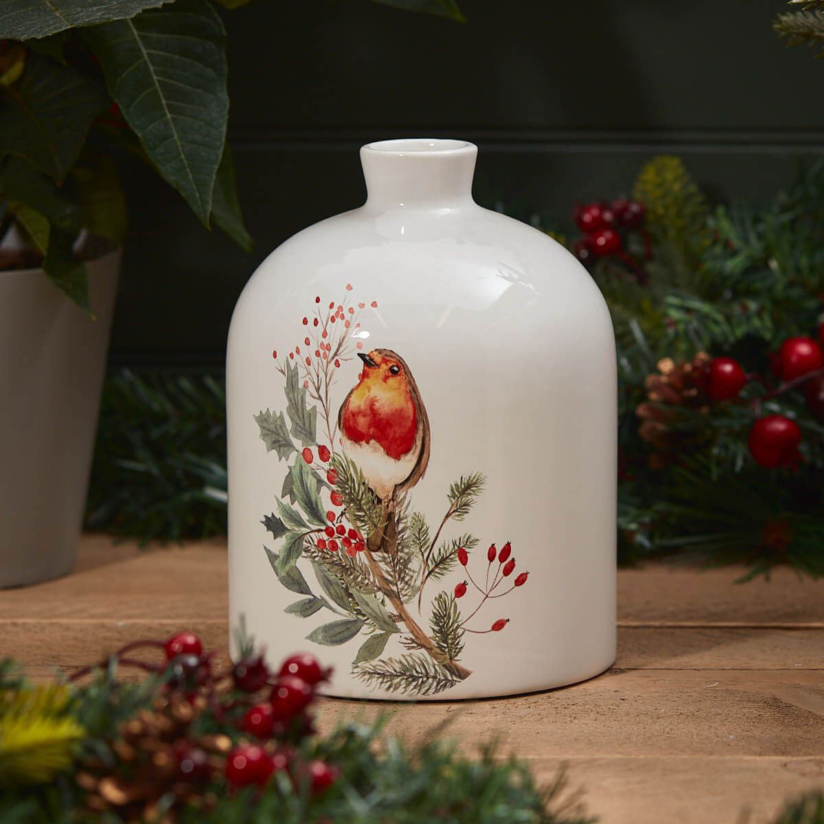 Christmas Robin & Berry Ceramic Vase