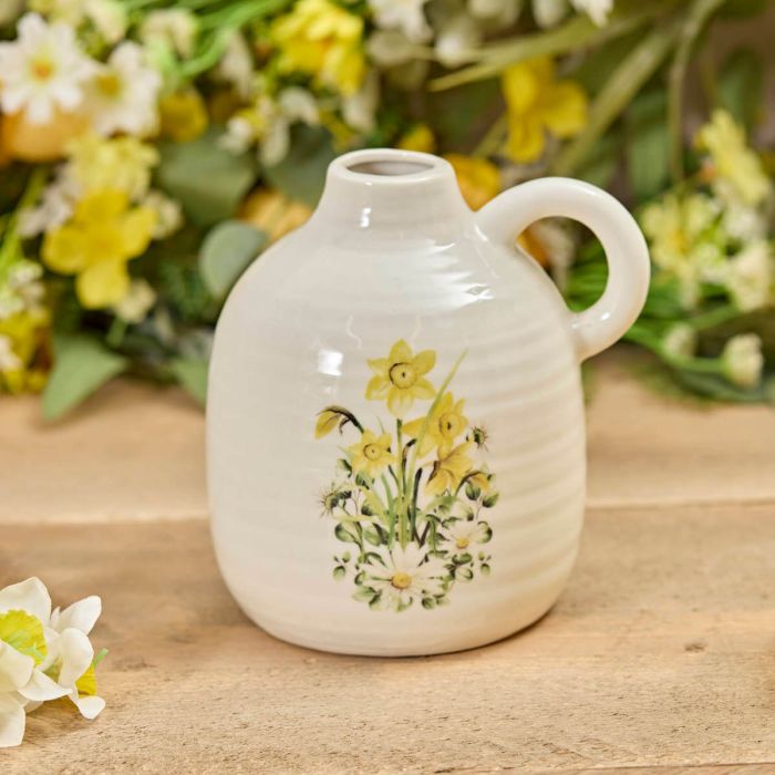 Daffodil and Daisy Stoneware Vase With Handle Ribbed Effect
