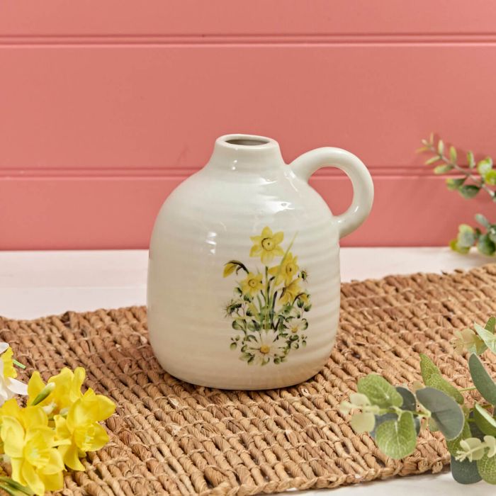 Daffodil and Daisy Stoneware Vase With Handle Ribbed Effect