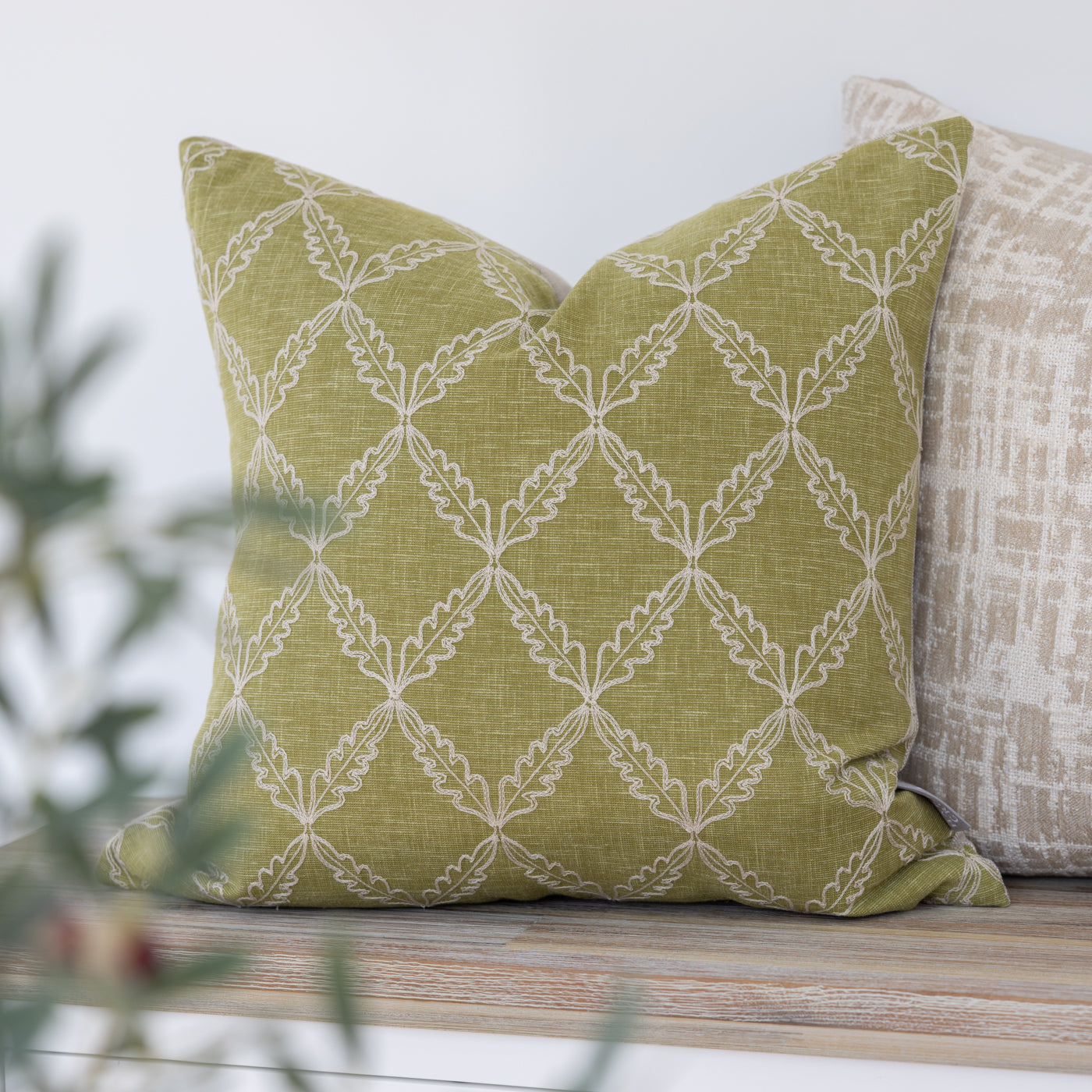 Olive Oak Leaf Embroidered Cushion