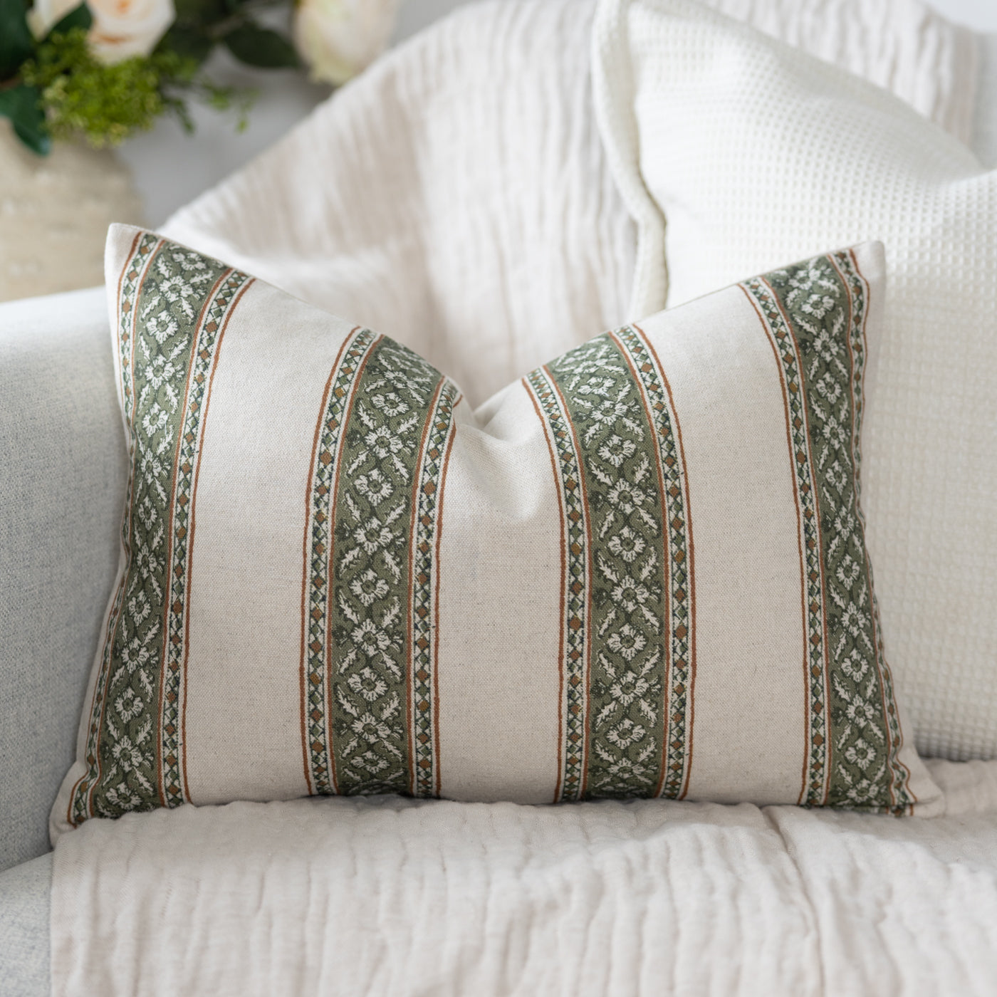 Emilie Oregano Linen Floral Stripe Rectangle Cushion