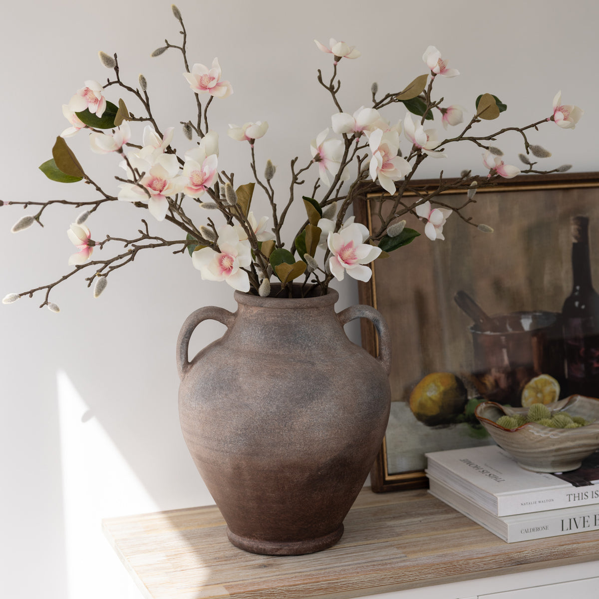 White & Blush Faux Magnolia Spray