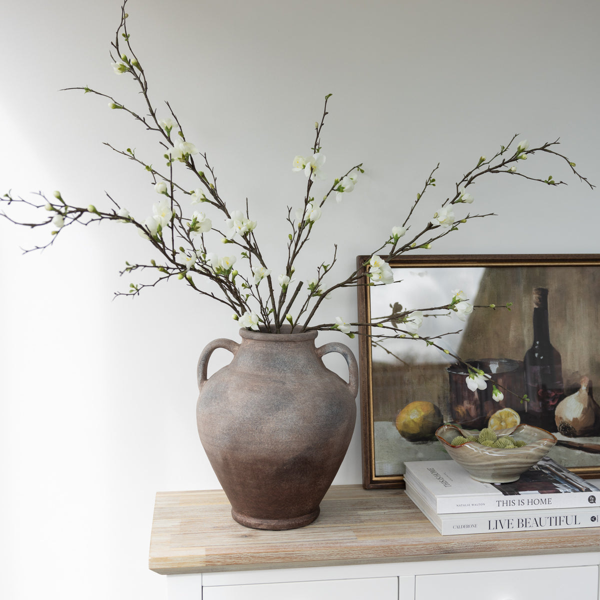 Faux White Quince Blossom Stem