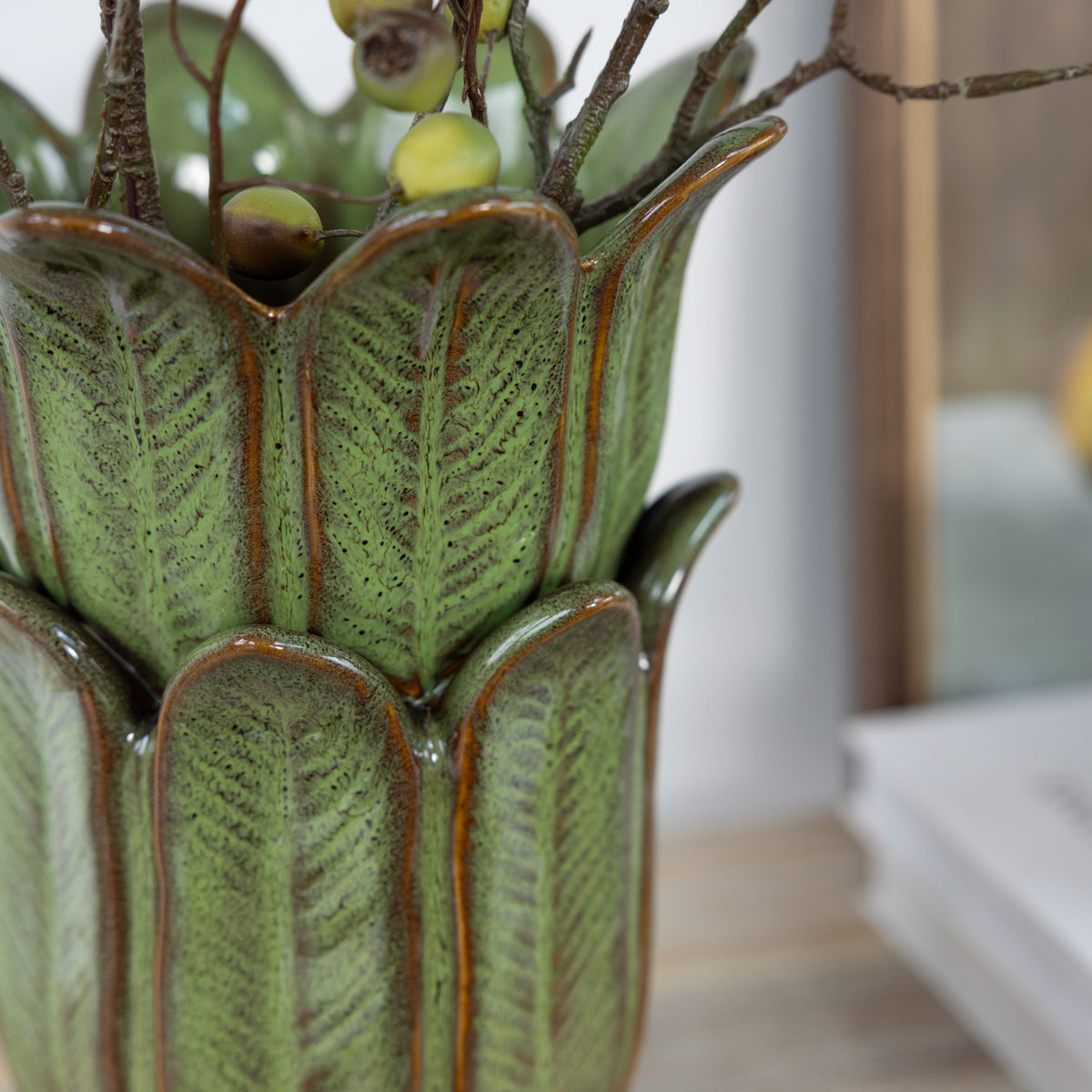 Olive Green Leaf Ceramic Vase