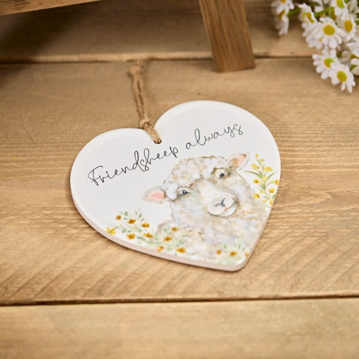 'Friendship Always' Sheep Floral Ceramic Hanging Heart