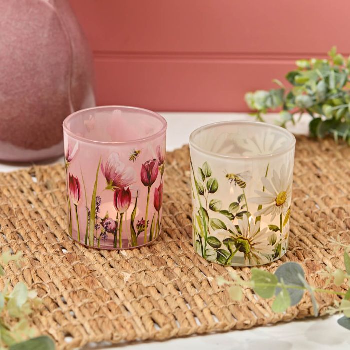 GLASS FLORAL PINK AND WHITE CANDLE HOLDERS