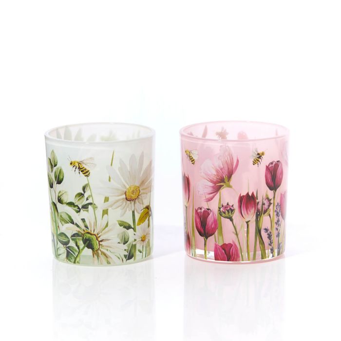 GLASS FLORAL PINK AND WHITE CANDLE HOLDERS