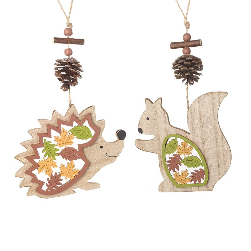 Wooden Hedgehog & Squirrel Hanging Decoration