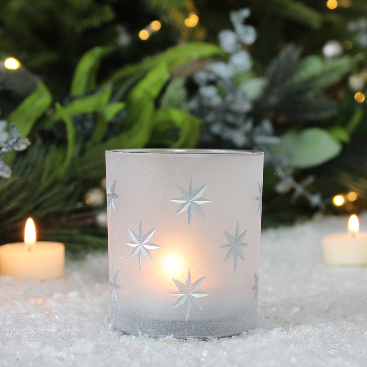 Frosted Glass Silver Stars Tea Light