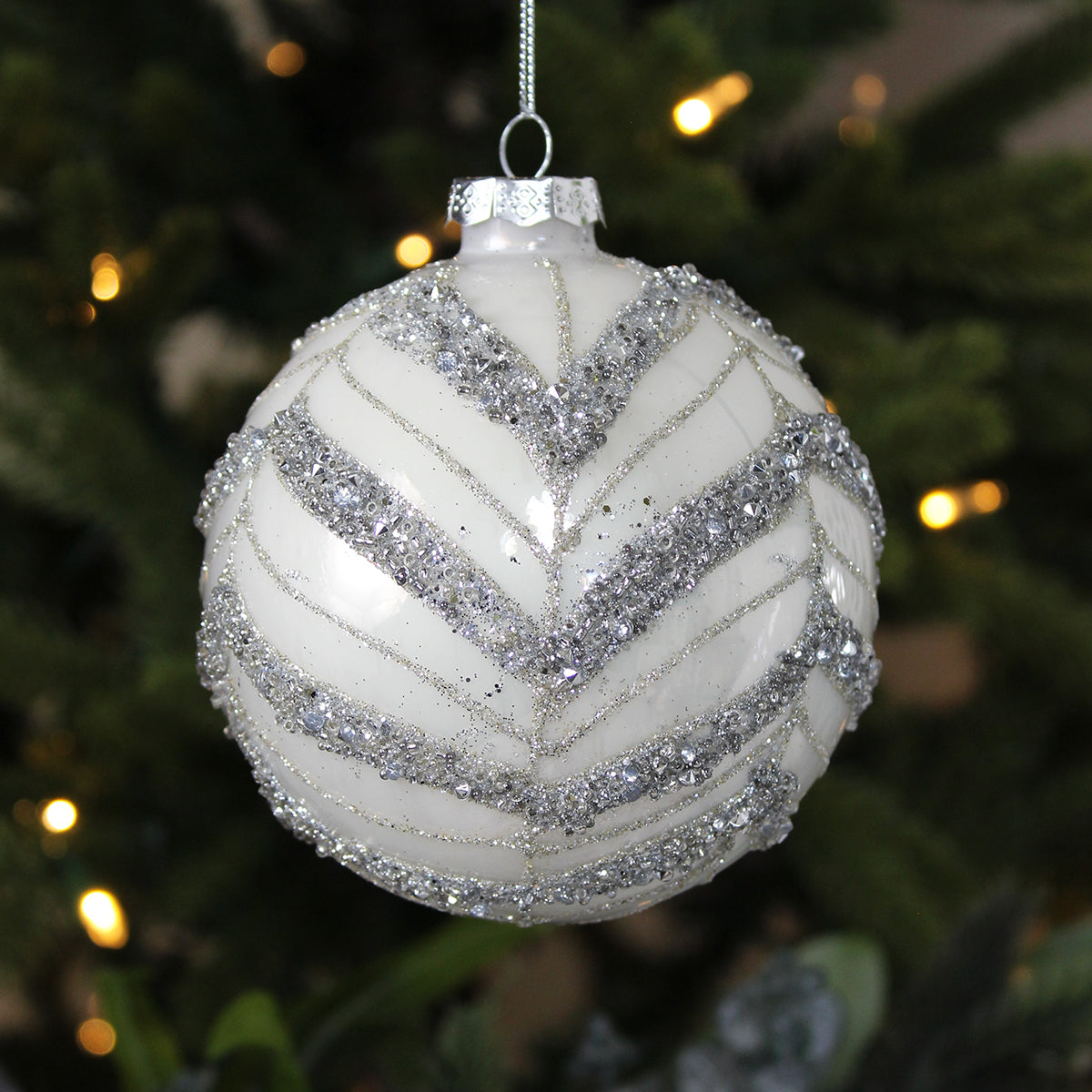 White Round Bauble with Beads & Glitter