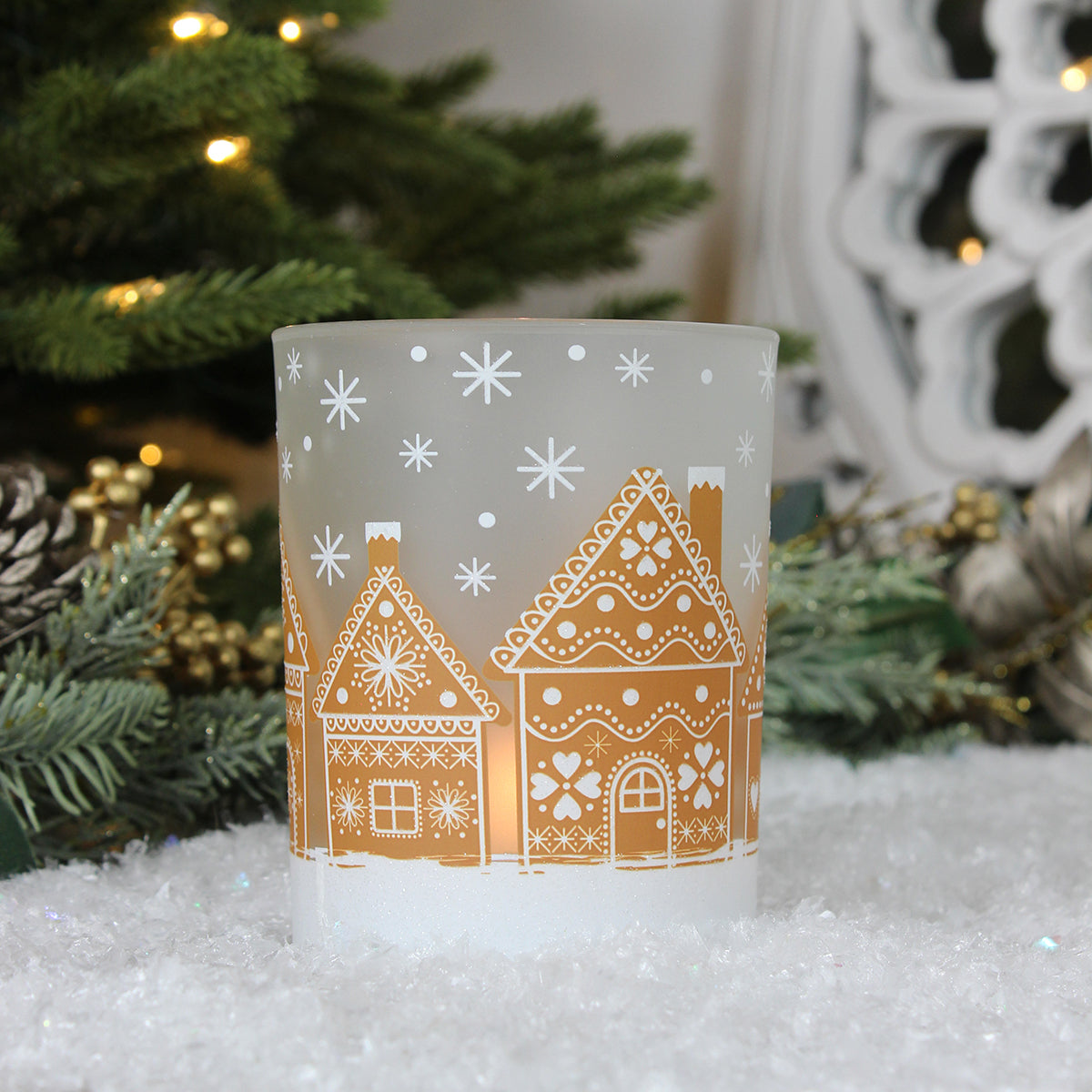 Frosted Gingerbread Glass Candle Holder - Large