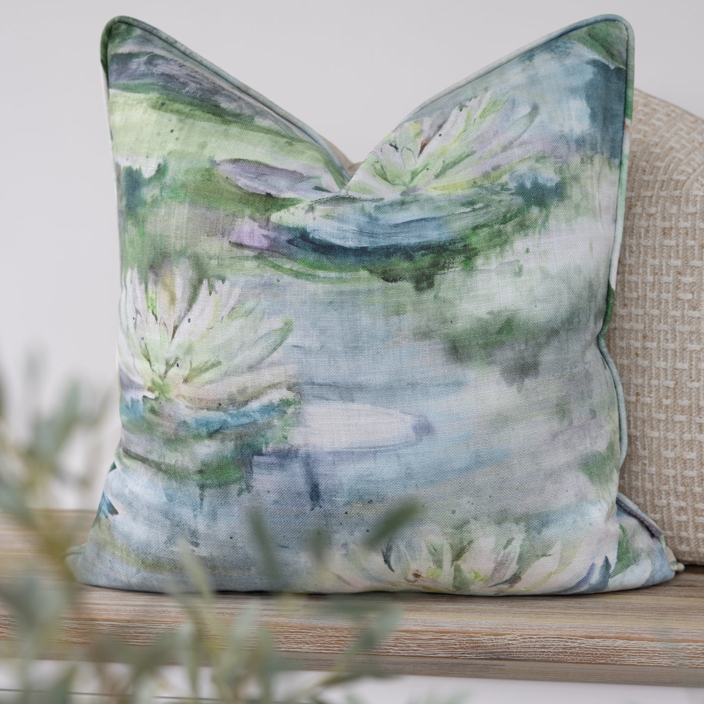 Green Watercolour Lily Pads Cushion Cover