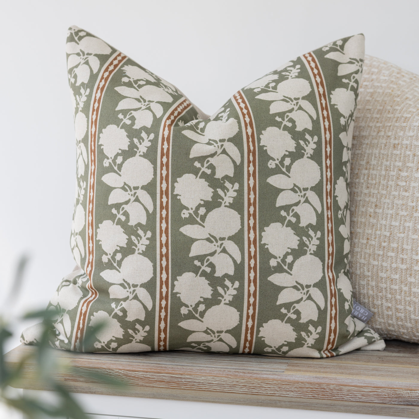 Mirabeau Oregano Green and Rust Floral Stripe Square Cushion