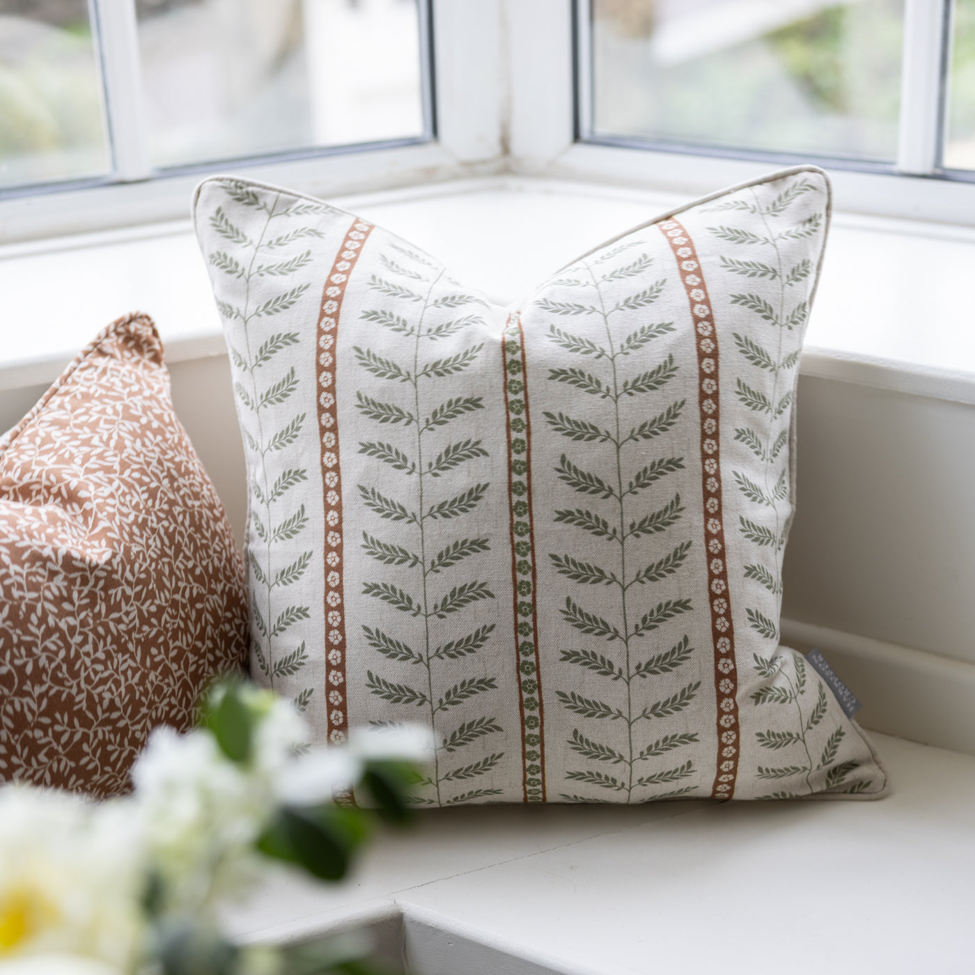 Suriane Spice Green & Rust Floral Stripe Cushion