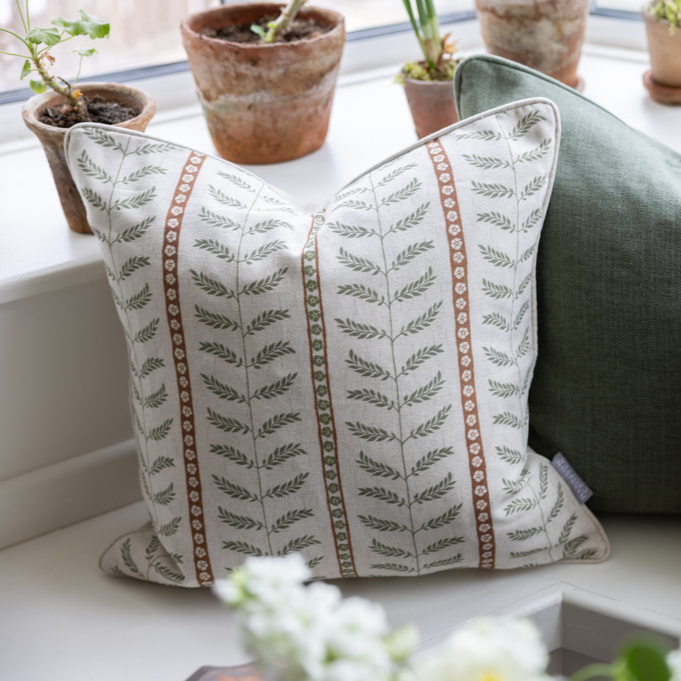 Suriane Spice Green & Rust Floral Stripe Cushion
