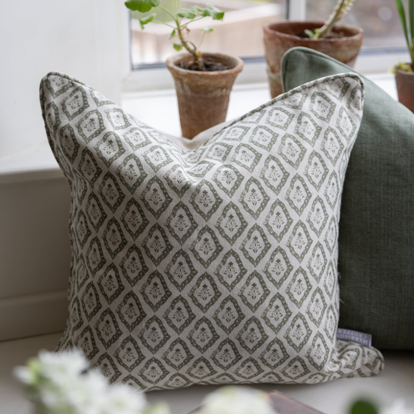 Celina Oregano Green Diamond Floral Print Square Cushion