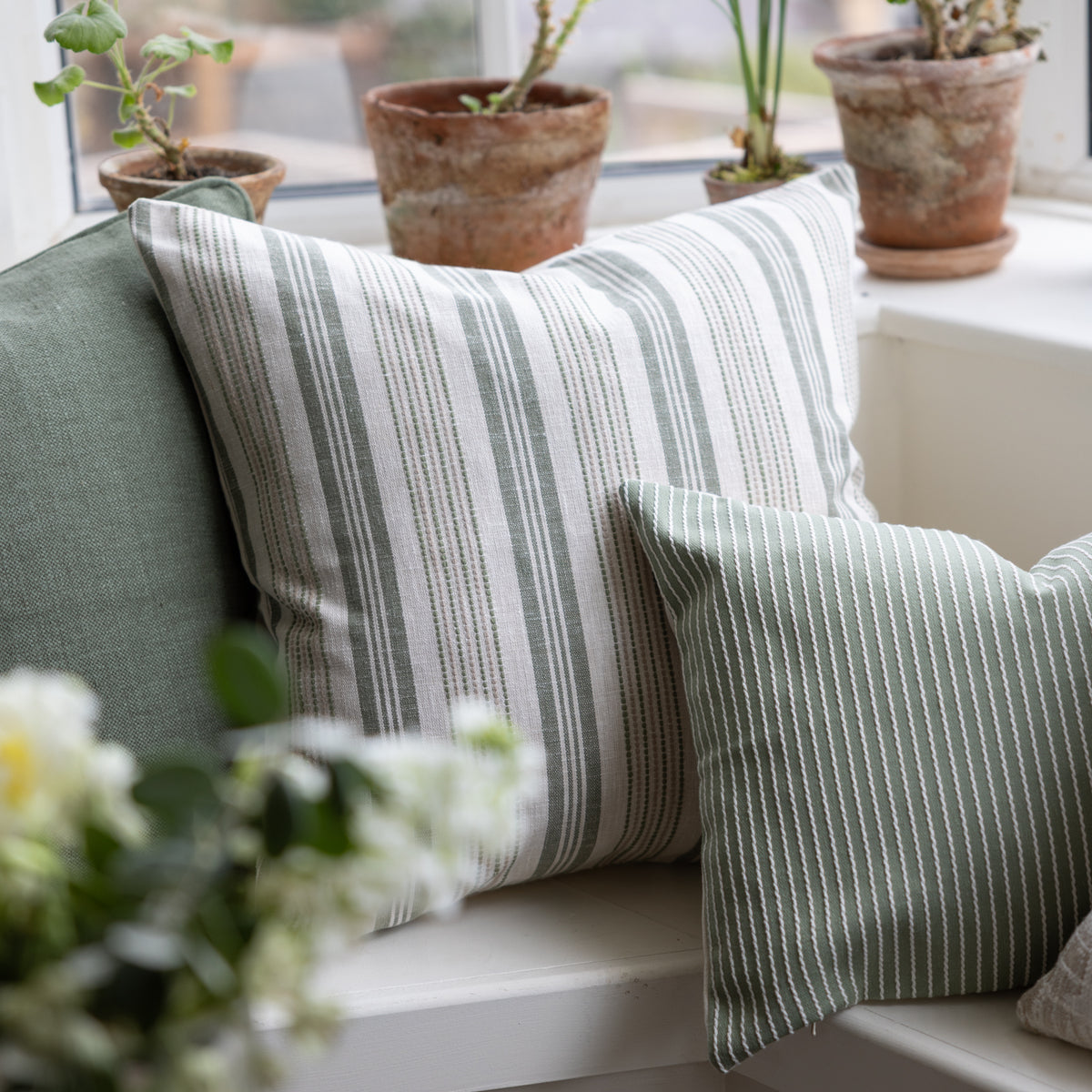 Positano Sage Embroidered Stripe Cushion