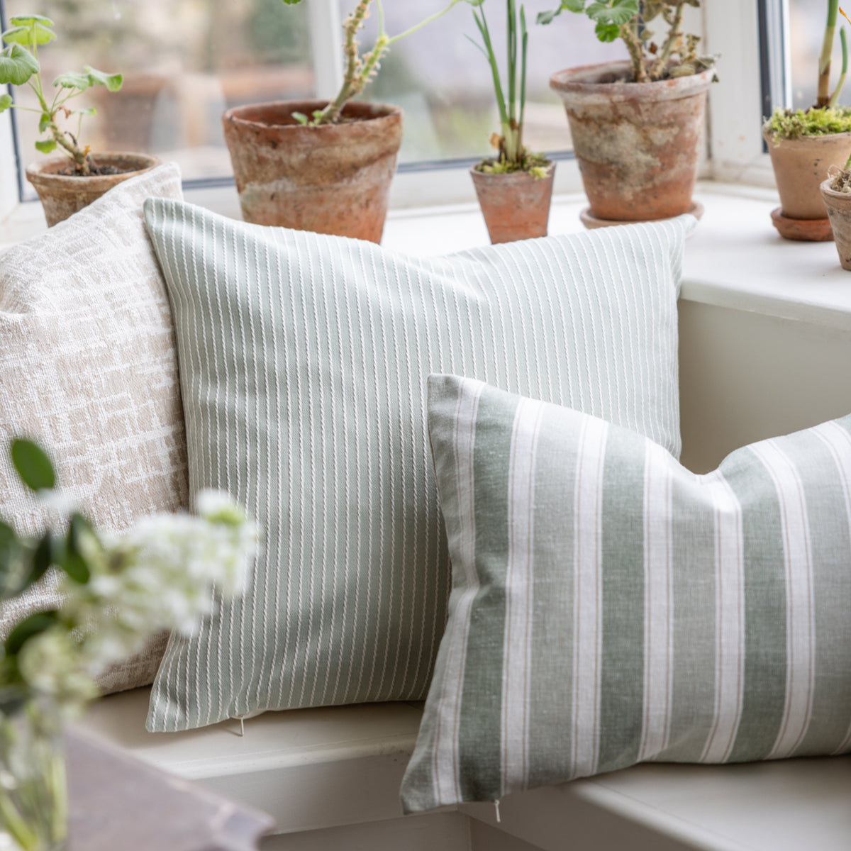 Venice Sage Textured Stripe Square Cushion