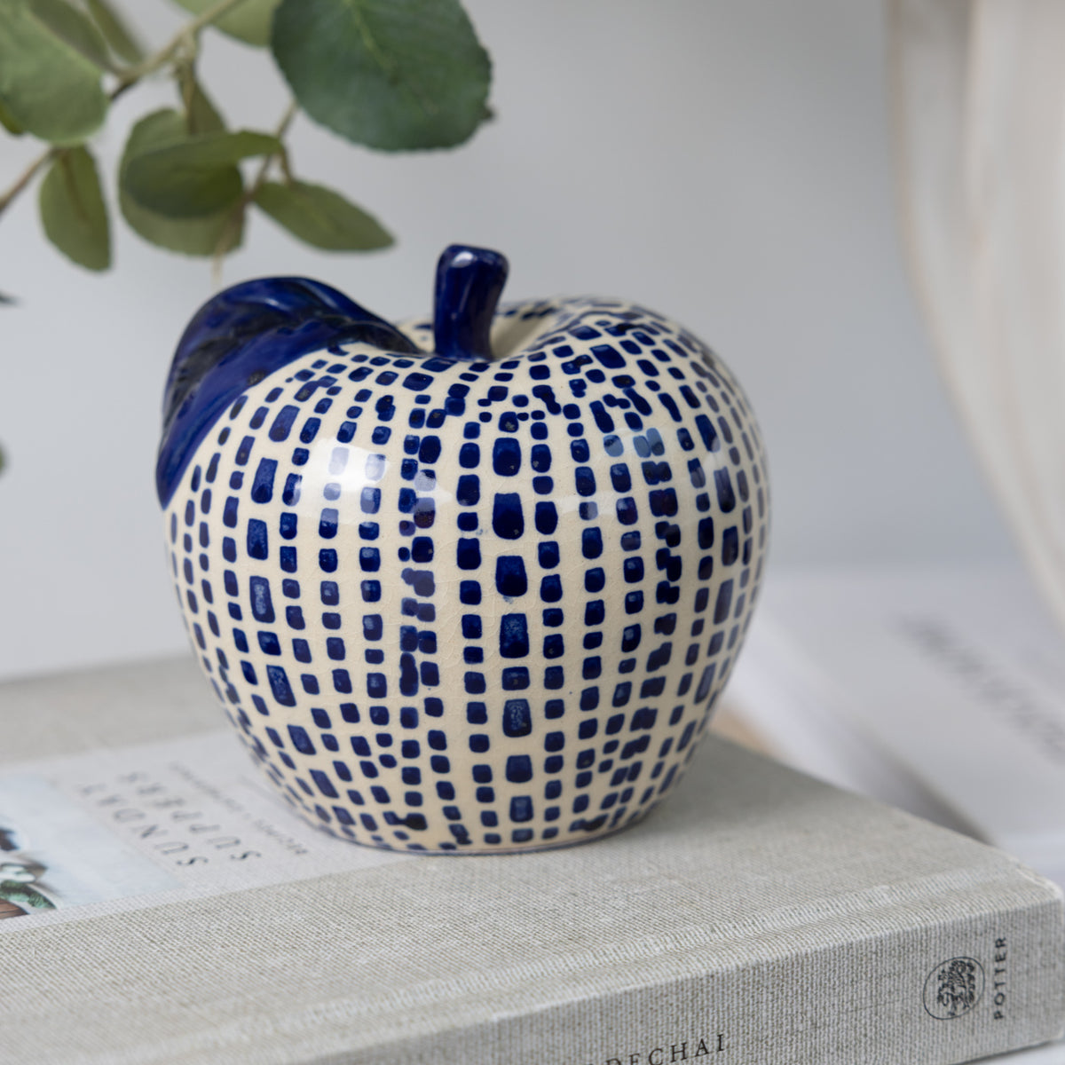 Blue Spotted Ceramic Apple Ornament