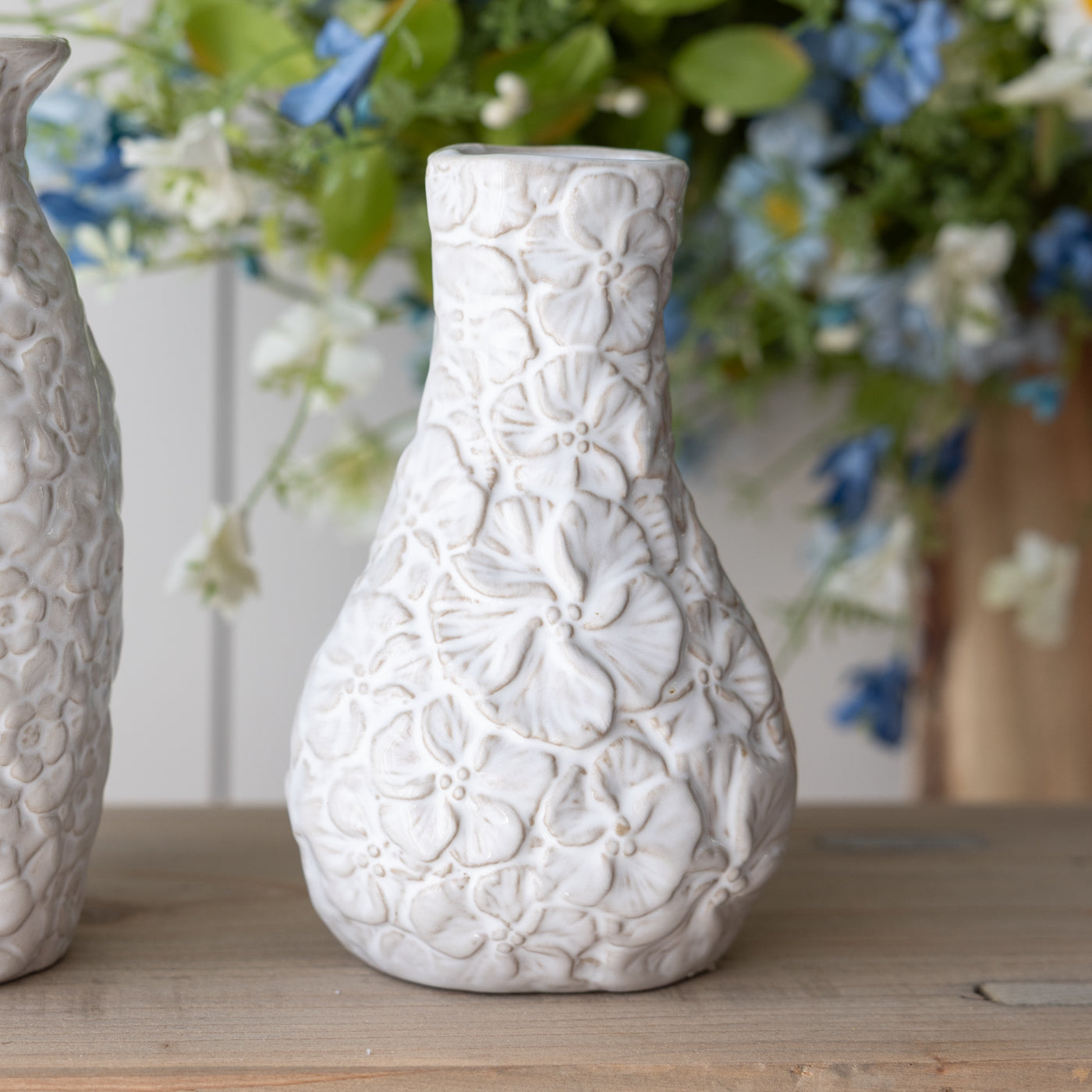 White Embossed Flower Small Ceramic Vase