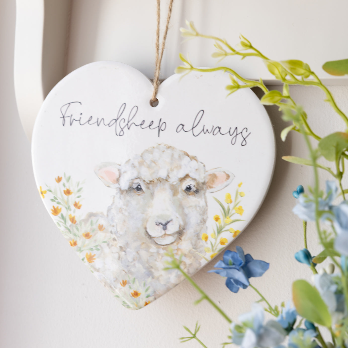 'Friendship Always' Sheep Floral Ceramic Hanging Heart