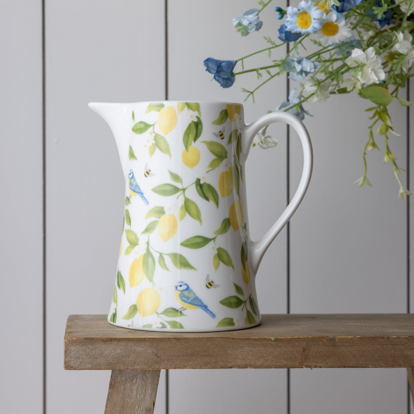 Lemons and Blue Tits Bone China Jug (Medium)