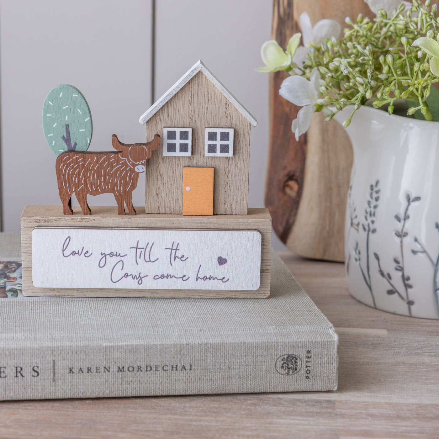 Wooden Cow and House Table Decoration