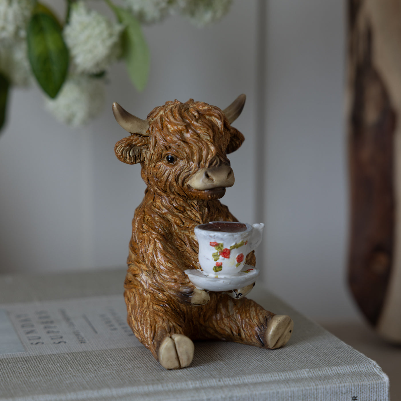 Highland Cow With Tea Cup Resin Ornament