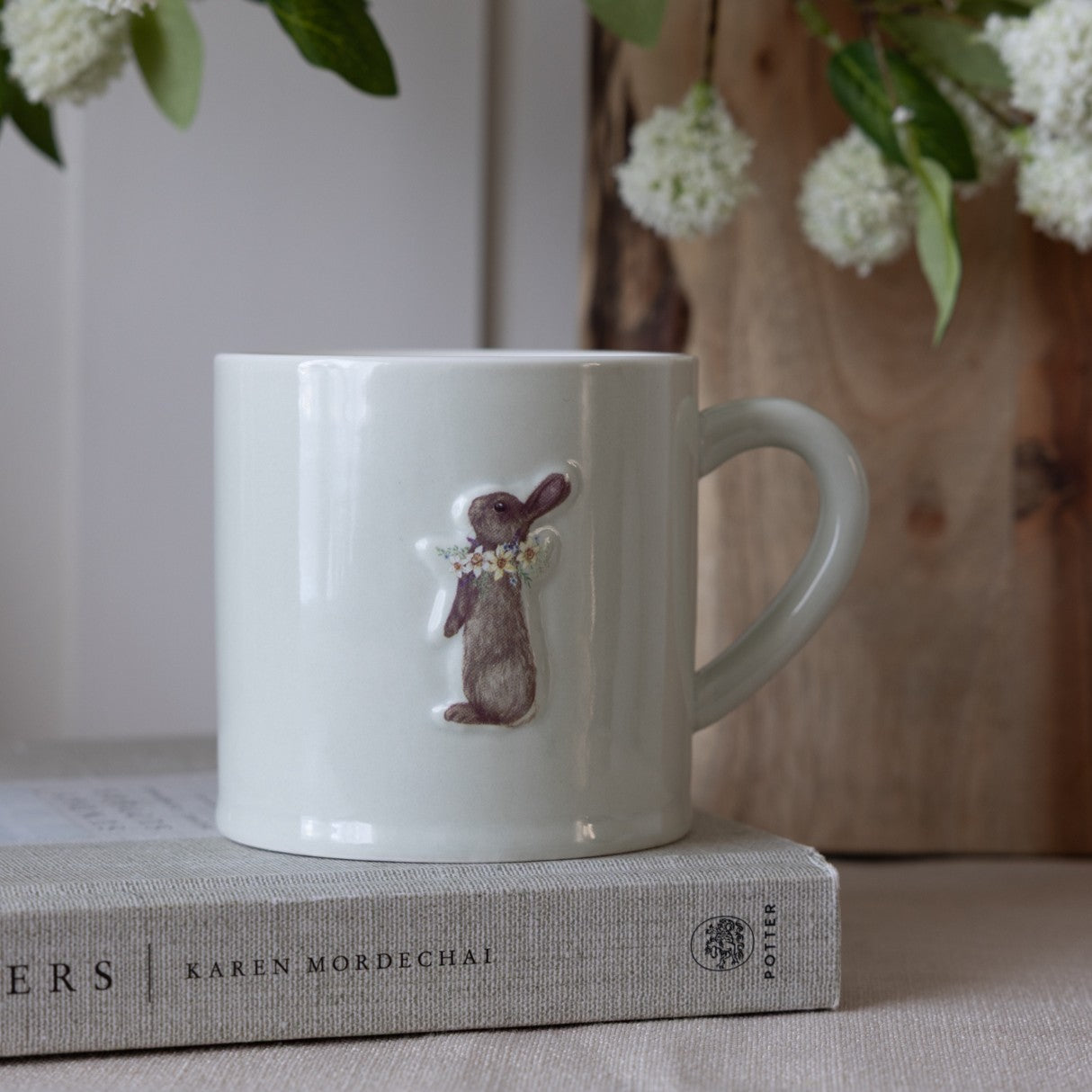 Rabbit With Flowers Stoneware Embossed Mug