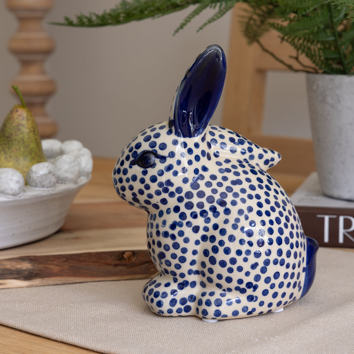 Blue Spotted Ceramic Rabbit Decoration