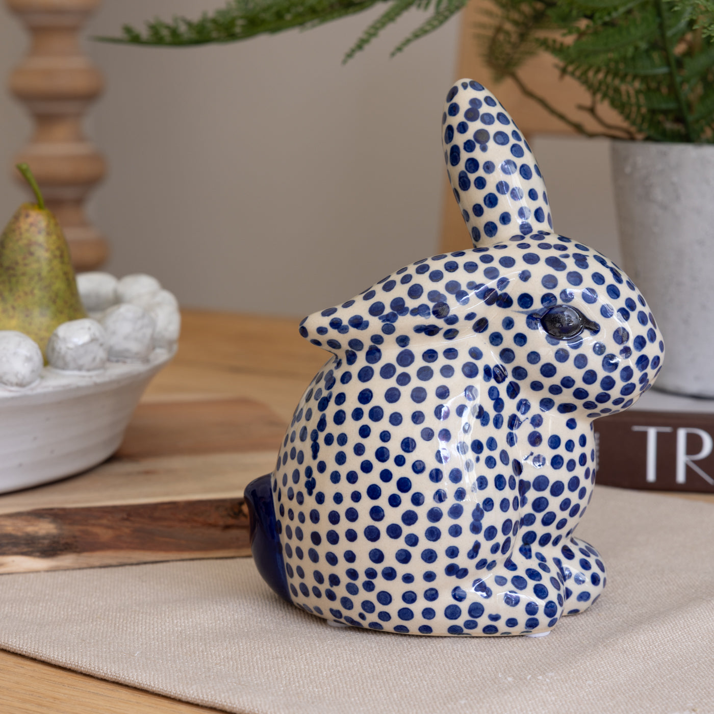 Blue Spotted Ceramic Rabbit Decoration