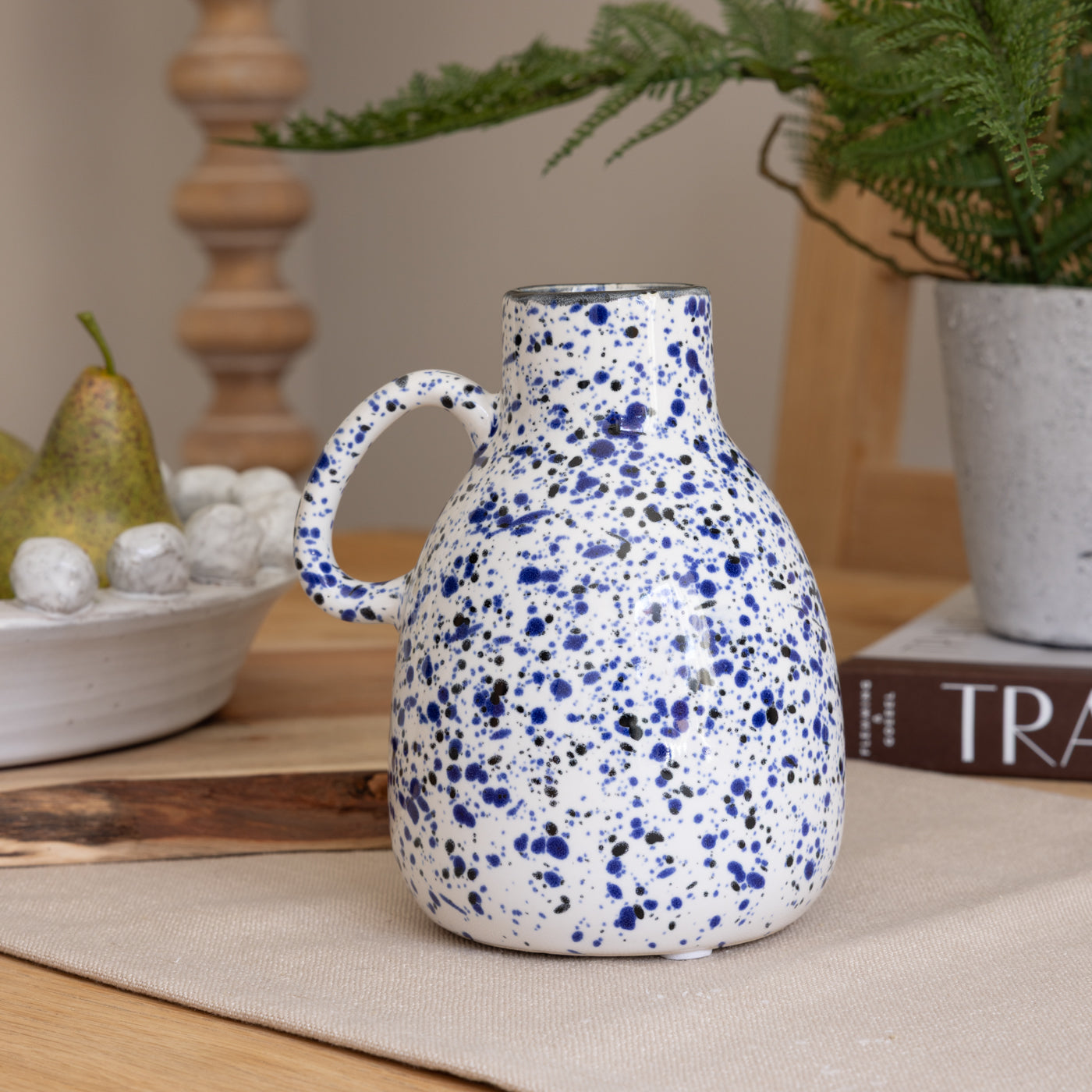 Blue and White Speckled Handled Vase