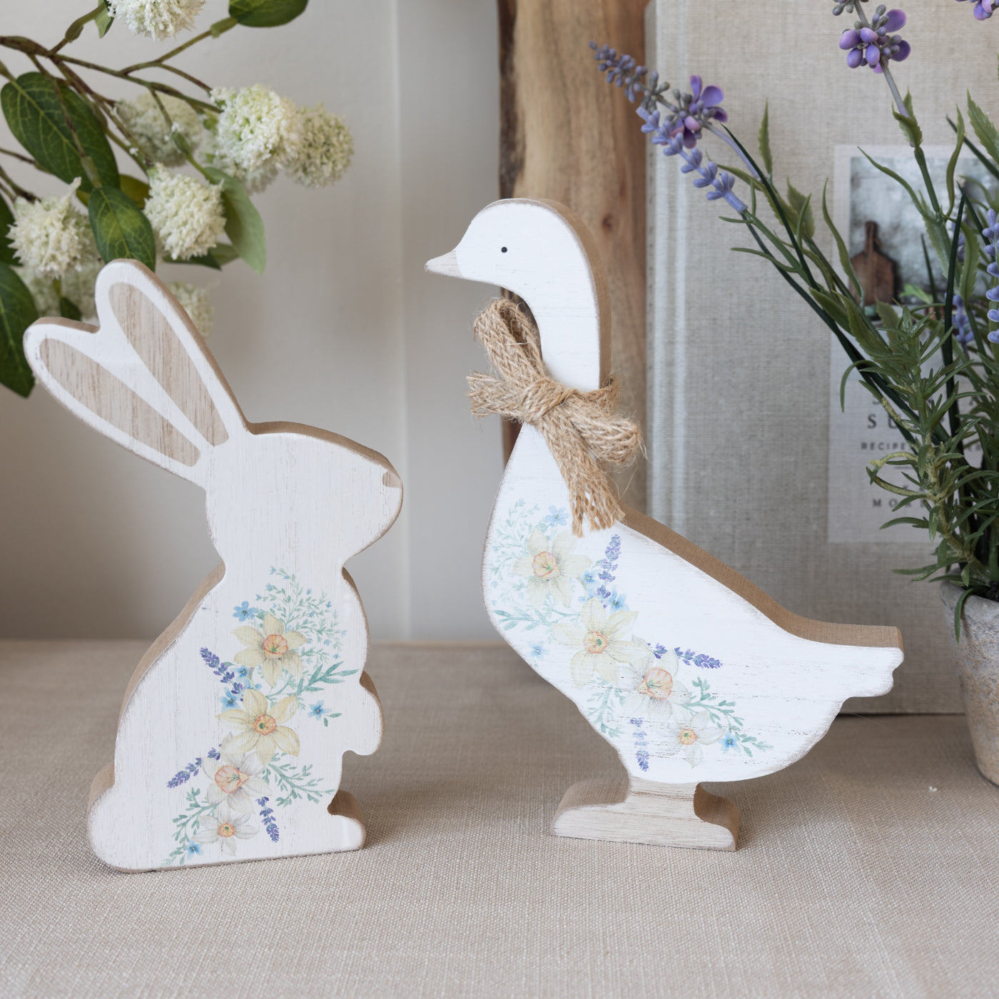 Standing Floral Wood Goose With Natural Bow